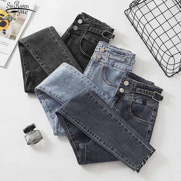 

pencil pants autumn double-button high waisted jeans women's stretch cropped elastic cotton denim vaqueros mujer 11723 210508, Blue