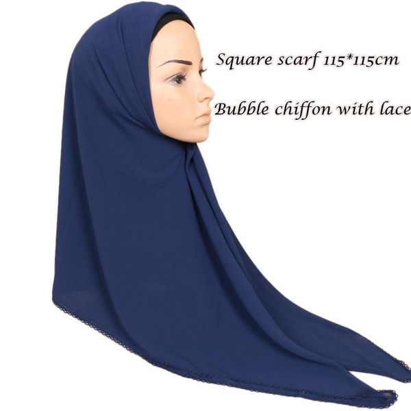 

scarves plain bubble chiffon hijab square scarf with lace muslim shawls women's headscarf for ladies handkerchief bandana, Blue;gray