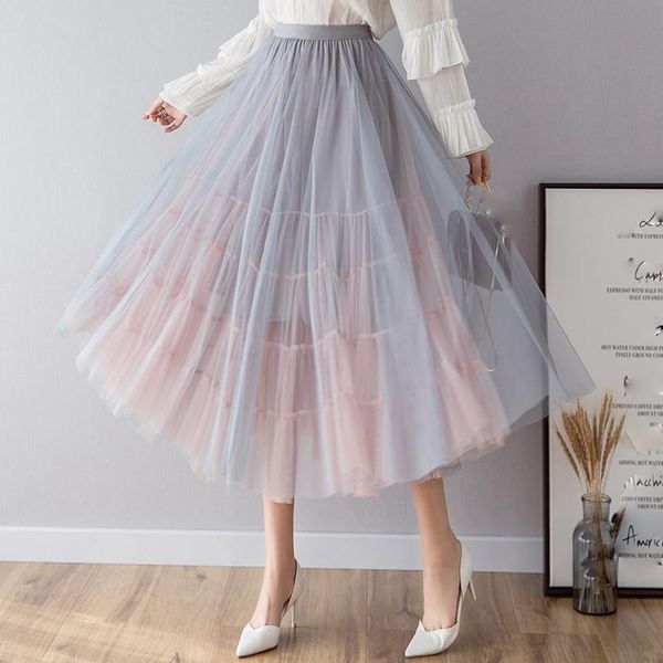 

skirts mozuleva spring summer high waist tulle women 2021 fashion long patchwork tutu skirt sun fluffy jupe longue femme, Black