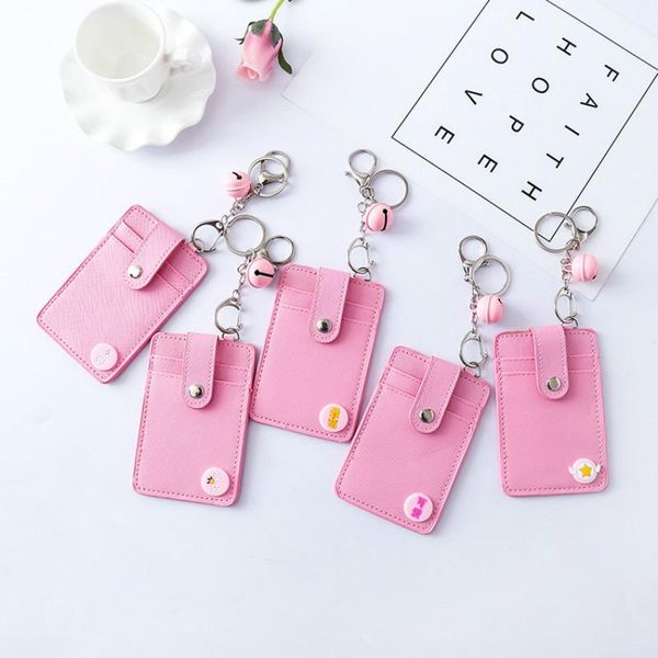 

card holders women pink pu leather holder business case student cute bell hasp id bag with keyring for lolita girls, Brown;gray