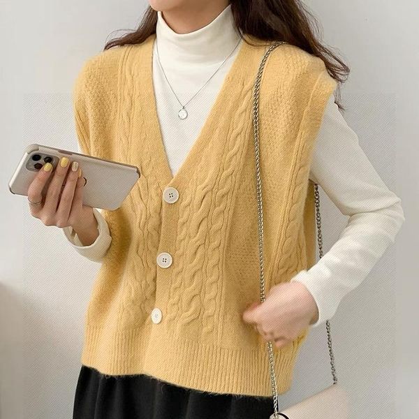 

women's vests [ewq] korea chic casual trend women solid v-neck single-breasted fashion simple sleeveless knitted vest autumn 2021 16e24, Black;white