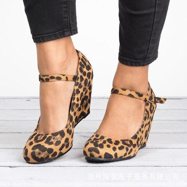 

dress shoes elegant 2021 spring/autumn women pumps wedges leopard high-heel flock woman buckle strap high (5cm-8cm) size 35-43, Black