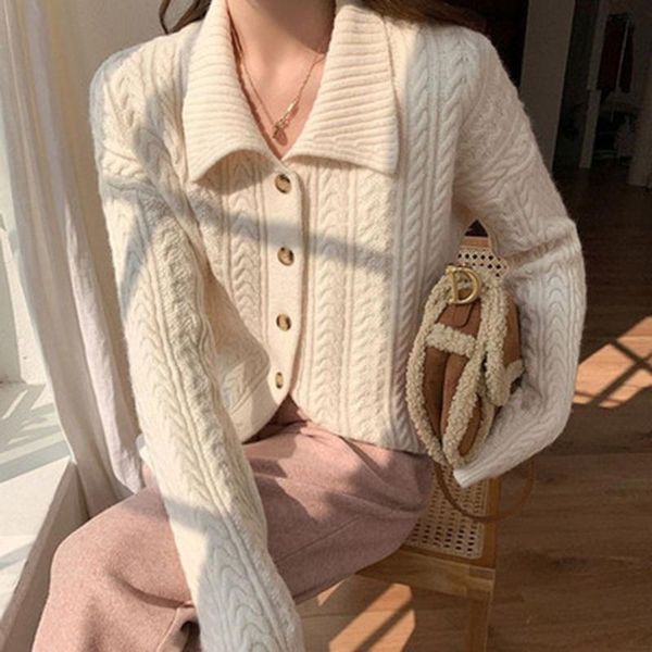 

women's sweaters retro lapel sweater women 2021 autumn winter niche solid color single-breasted jacket, White;black