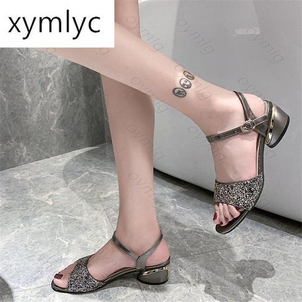 

sandals 35-42 one-word buckle mid-heel sequins summer fashion ladies thick heel all-match comfortable soft leather shoes, Black