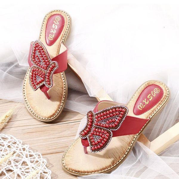 

slippers glitter slides rubber flip flops string bead shoes woman flat butterfly-knot shale female beach big size pantofle oalz, Black