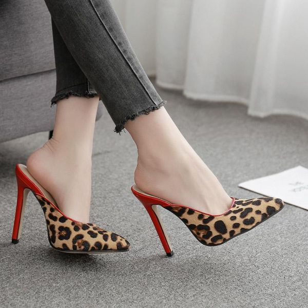 

slippers 2021 summer pointed fashion leopard baotou stiletto female, Black