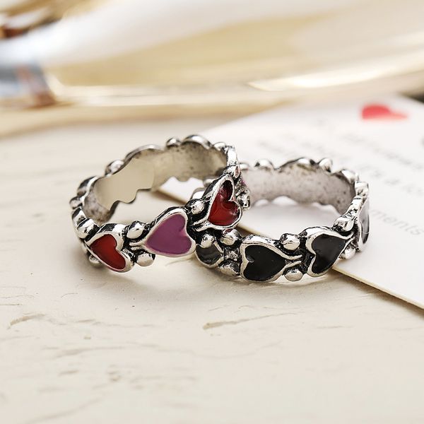 

ins metal punk style restoring ancient ways red black heart chain ring women wedding jewelry party present, Silver