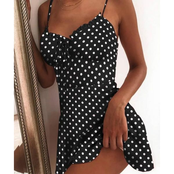 

skirts lace ruched strappy sundress women sleeveless mini dress flared a-line flowers dots print slim fit sling club s-2xl, Black
