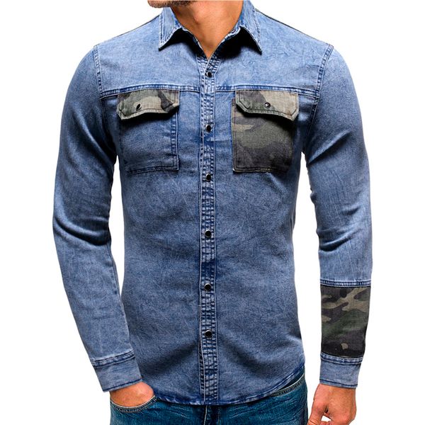 

men casual shirt camouflage panel regular men's shirt single breasted long sleeve denim shirt top, White;black