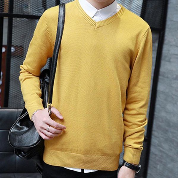 

men solid color v neck long sleeve slim pullover plus size knitwear sweater men's sweaters, White;black