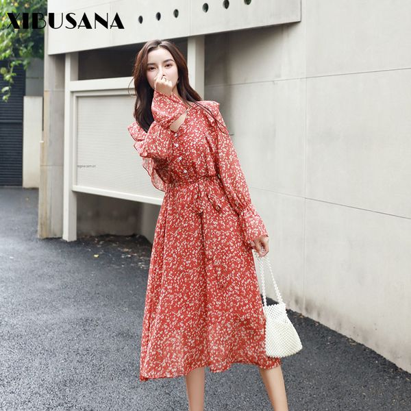 

autumn floral print a-neck dress women's high waist losse petal sleeve v-neck chiffon mid calf dresses female 210423, Black;gray