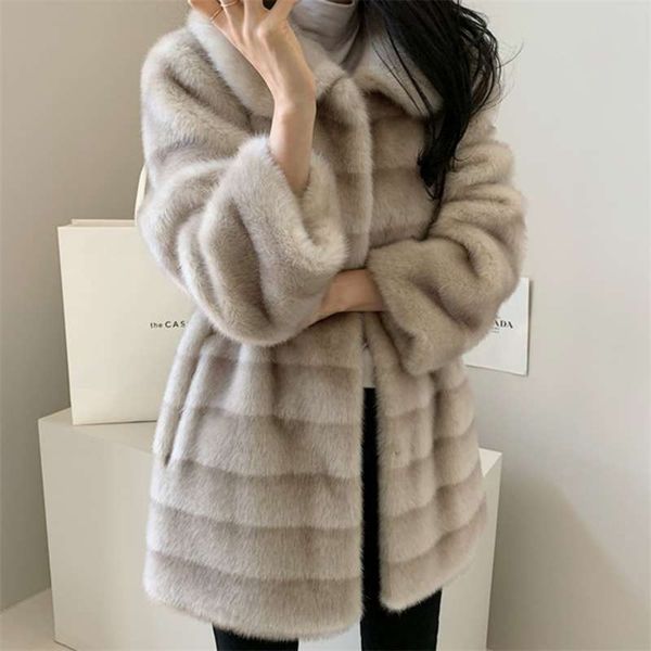 

long jacket women winter femme veste faux fur coat gradient mink turn-down collar stripe clothes warm soft furry overcoat 210925, Black