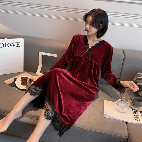 

nighty golden velvet warm women sleepwear nightgown lace spring autumn long sleeve solid color night dress lingerie, Black;red