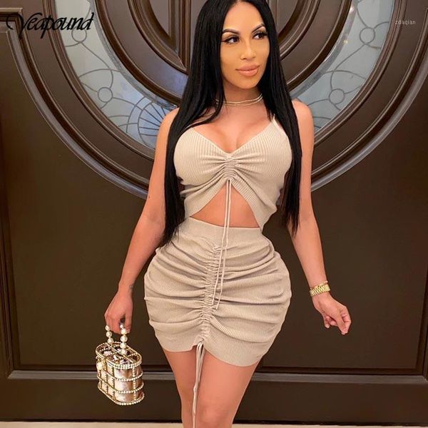 

casual dresses v neck sleeveless drawstring ruched dress women summer knitted bodycon mini night club clothes package hip slim, Black;gray