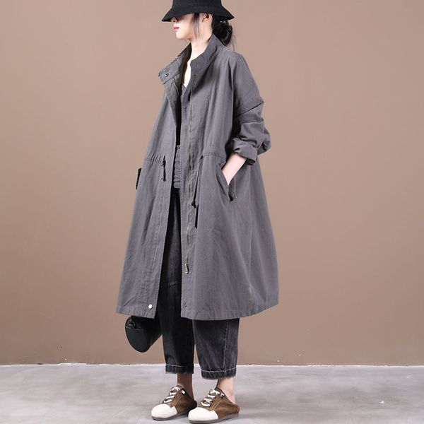 

wool autumn cotton trench coat younger korean female loose size large collar with cord length y010 jacket wc0r, Black