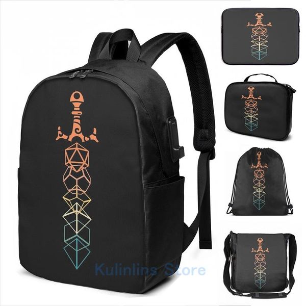 

backpack funny graphic print 80s retro dice set sword usb charge men school bags women bag travel laptop
