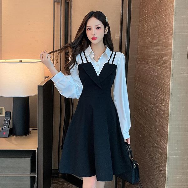

casual dresses 2021 fall fashion fake two dress patchwork vintage shirt ladies office short female, Black;gray