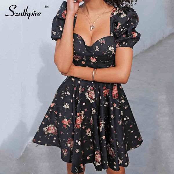 

southpire bohe flower print white dress women s short puff sleeve zipper mini sundress elegant summer dress ladies clothing, Black;gray