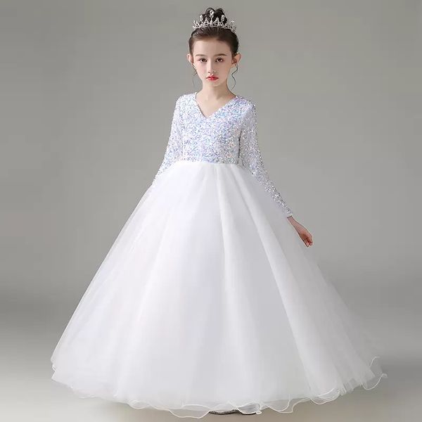 

navy blue, dark green,white flower girl' dresses long sleeves shining sequins zipper back ball gown, White;blue