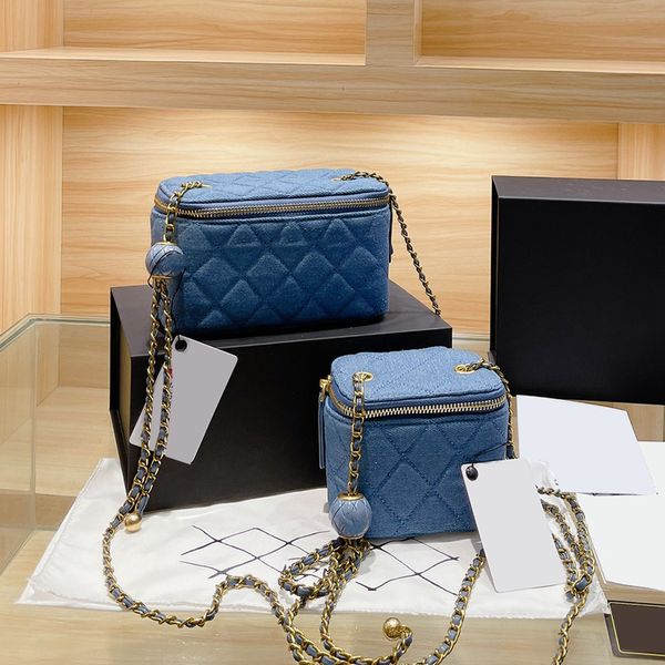 

2022ss womens denim box vanity designer bags blue ball adjustable shoulder strap card holder mini/small cosmetic gold hardware crossbody pur