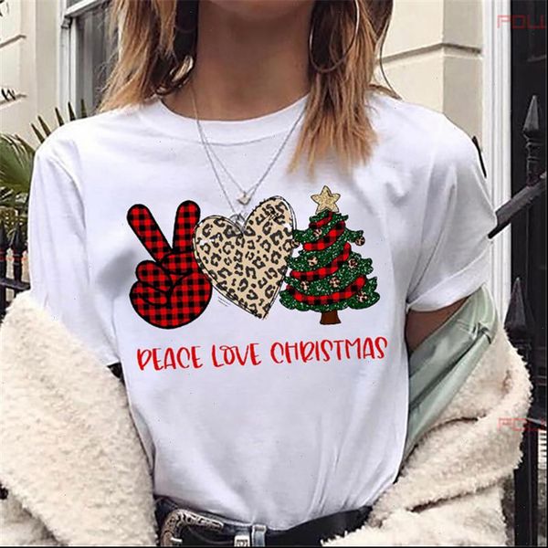 

girls kawaii graphic women t shirt short sleeve tee men cartoon peace love christmas tree letters print casual, White
