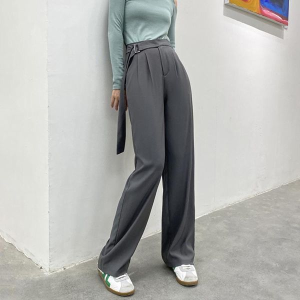 

women's pants & capris autumn 2021 wide leg loose sashes high waist formal female workwear elegant chic casual trouses pocket, Black;white