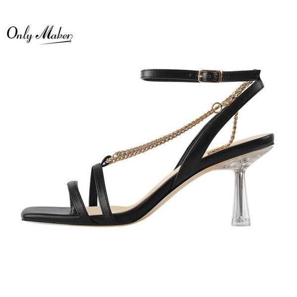 

sandals onlymaker high heels sandal matte black metal chain square open toe ankle buckle kitten heel