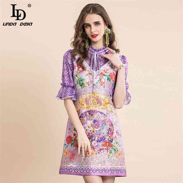 

summer runway purple floral dress women's flare sleeve bead vintage printed short party 210522, Black;gray