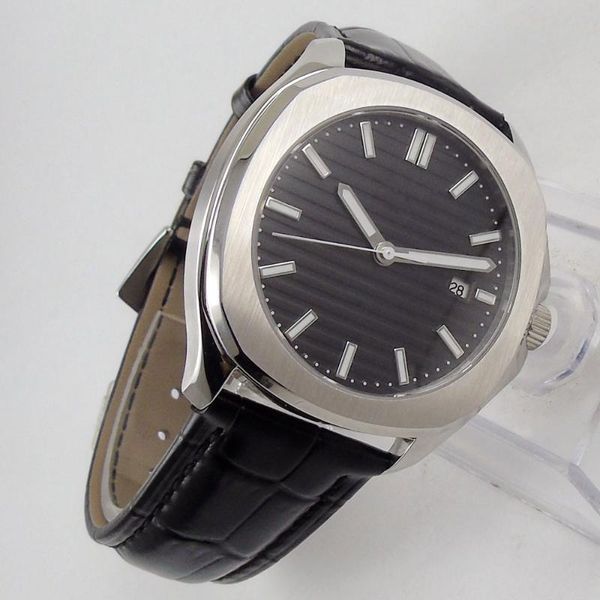 

wristwatches 40mm black dial sapphire glass date luminous miyota 8215 movement automatic mens watch, Slivery;brown