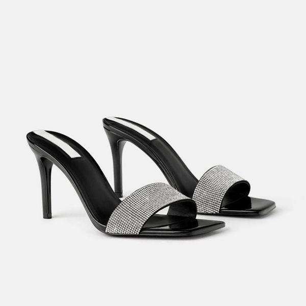 

meriahzheng women's shoes rhinestones strap high square toe open sequined stiletto heel for women fch-1402 slippers, Black