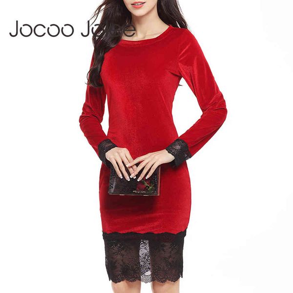

women autumn winter velvet knee-length dress elegant office lady lace bodycon female o neck bandage 210428, Black;gray