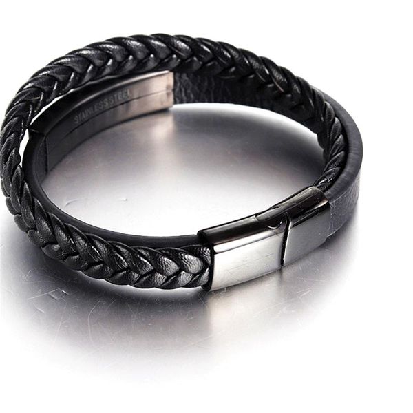 

genuine leather bracelet double layer 19/21/23cm black/silver color special jewelry for men father's day gift bangle