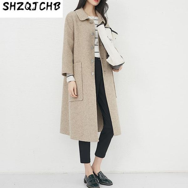 

cashmere luxury goods fashion women's pure woolen coat high-end small plaid medium long double faced 100% wool & blends, Black