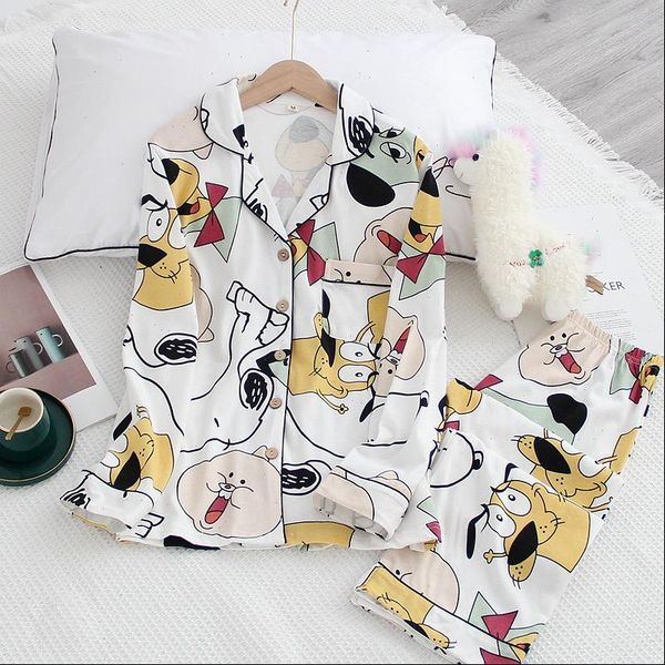 

japanese spring and autumn 100% women sleepwear cartoon dog knitted long sleeved trousers pajamas suit home service, Black;red