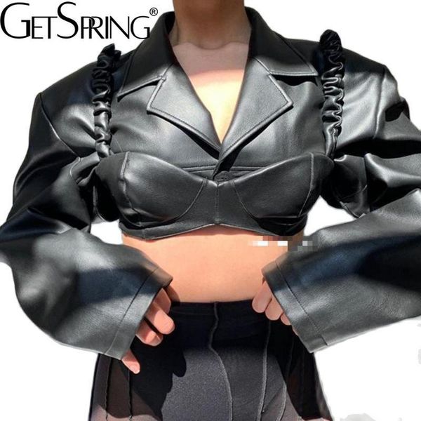 

women's leather & faux getspring women coat oversize shoulder padded short coats thick jacket with sling autumn winter, Black