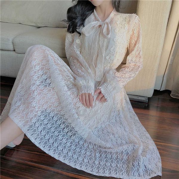 

long summer fashion robe women dress hippie boho maxi beach loose lace white black bow casual style brand 210601, Black;gray