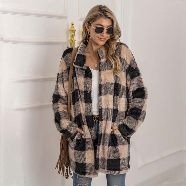 

2021 autumn winter long coat women lattice long sleeve teddy fluffy jacket ladies warm plush jacket for women, Tan;black