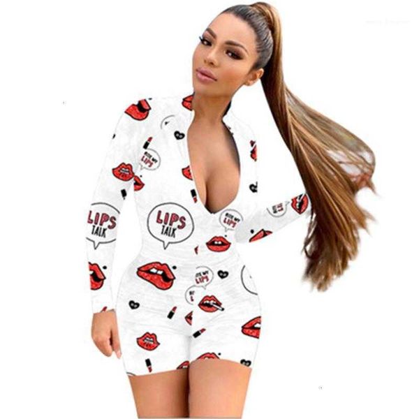 

women's jumpsuits & rompers slim folds short women lips pattern designer female deep v neck long sleeve clothes fashion hhud, Black;white