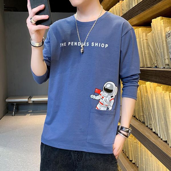 

men's t-shirts men t-shirt long sleeve 2021 spring and autumn letter astronaut male cotton chinese style black white khaki t69, White;black