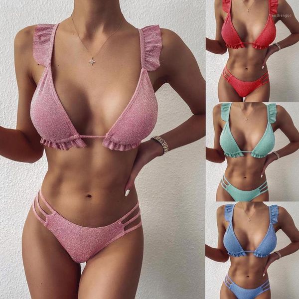 

women's swimwear ruffle bikini cute ladies solid color swimsuit hign elasticity sweet fashionable swimming wading beach parties, White;black