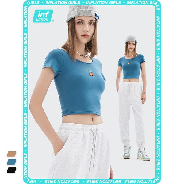 

t shirt inf women's clothing - ins net in spring and summer of 2021 red sweet cherry embroidery short open navel waist sleeve, White