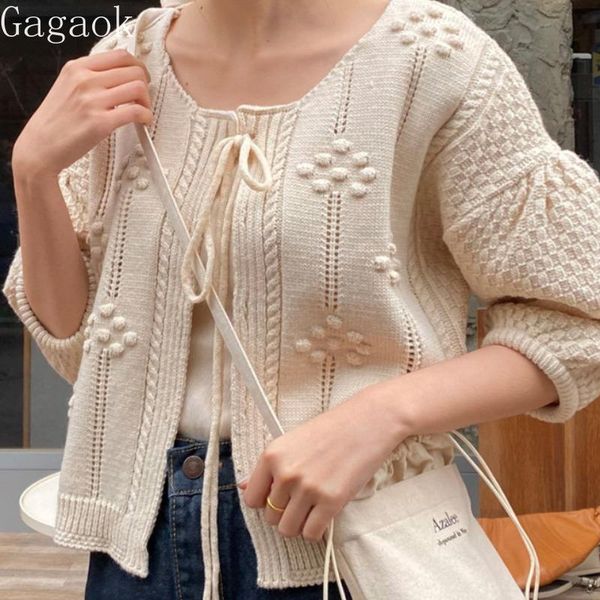

women's knits & tees gagaok cardigan crop women 2021 spring autumn streetwear solid puff sleeve knitted sweater outwear korean chic car, White