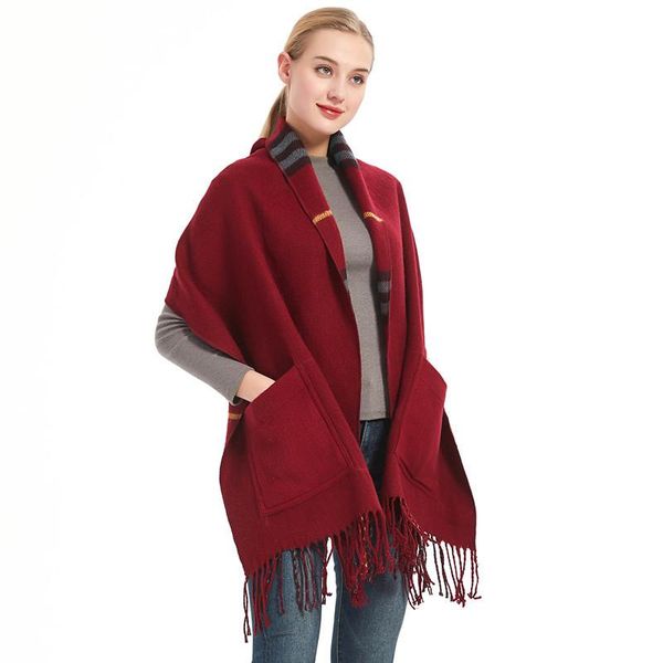 

scarves autumn and winter thick shawl imitation cashmere fringed pocket plaid scarf lady, Blue;gray