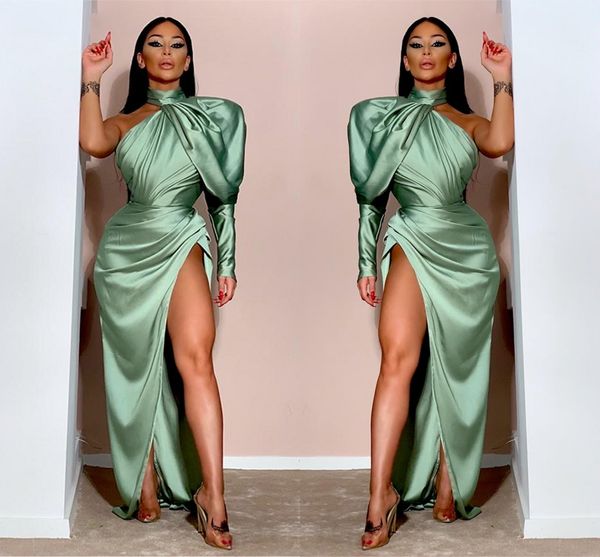 

mint green mermaid prom dresses high jewel neck backless one shoulder pleats sweep train evening gowns formal dress party gown custom, Black