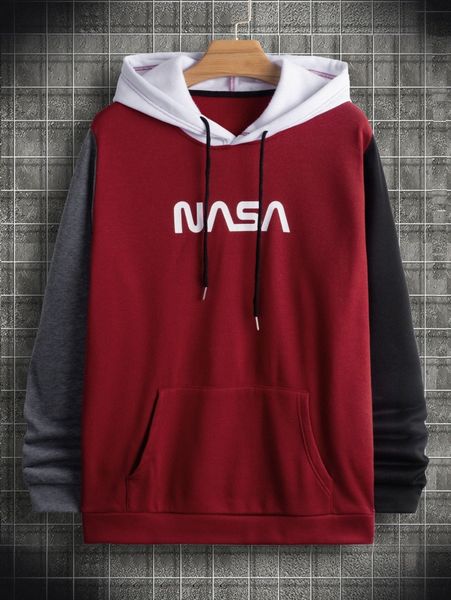 

men letter graphic color block drawstring hoodie o7ti#, Black