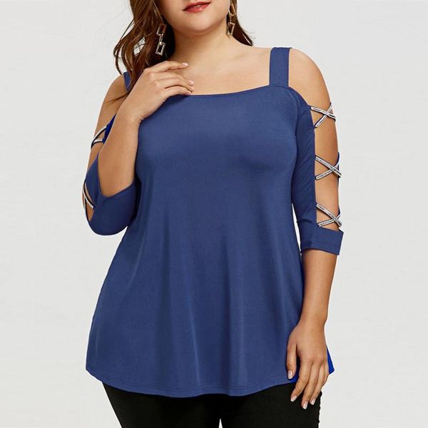 

plus size t-shirt off shoulder women elegant cross strapless half sleeve blouse pullover shirt large size, Black