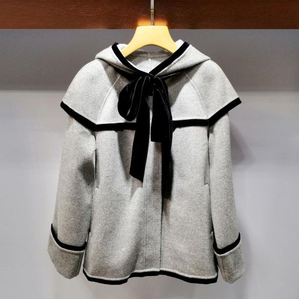 

women's wool & blends 2021 winter korean bowknot hooded shawl tweed coat loose overcoat m66c2501, Black