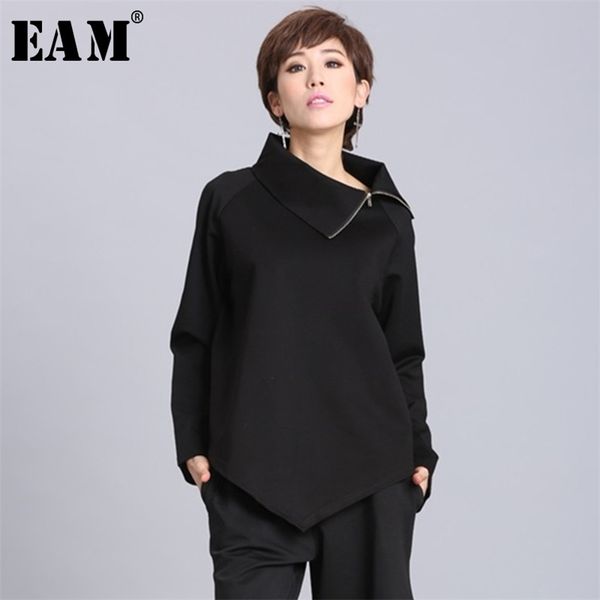 

[eam] new spring summer black asymmetric turtleneck collar full sleeve casual zipper women fashion tide loose oa882 210324, White