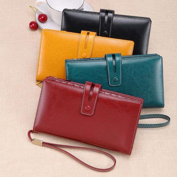 

wallets woman long wallet europe and america large-volume retro oil wax cowhide zipper, Red;black