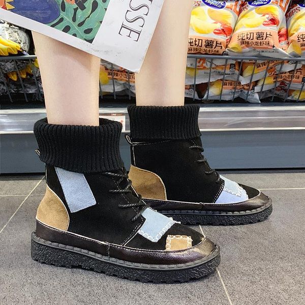 

boots color matching flat heel lace up winter 2021 korean round toe snow high low barrel, Black